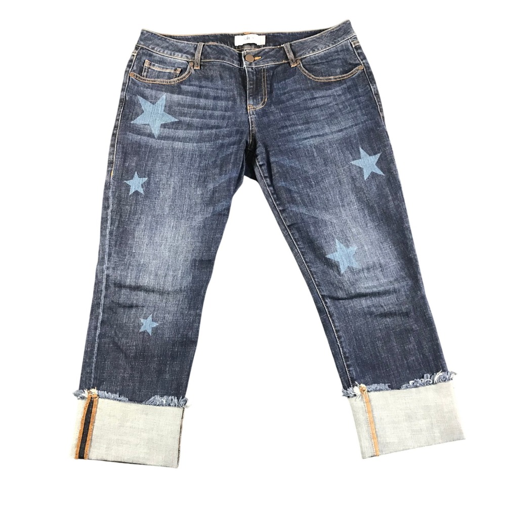 Cabi Slim Boyfriend Star Print Cropped Jeans Dark Wash Blue Size 10 Style 3937